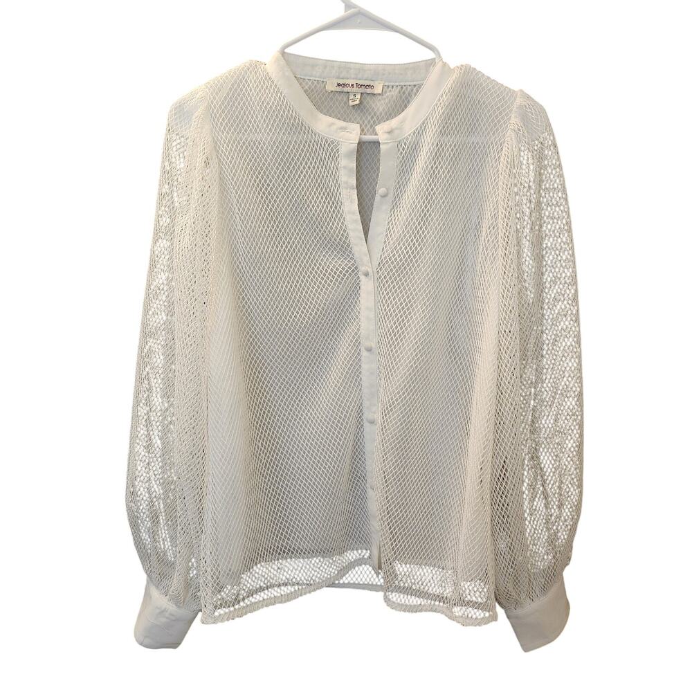 Jealous Tomato White Sheer Mesh Button Down Blouse Balloon Sleeve Small